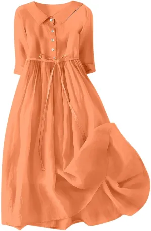 Women's Cotton Linen Midi Dress Plus Size 3/4 Sleeve Pleated Summer Dresses Vacation 2025 Crew Neck Casual Dress