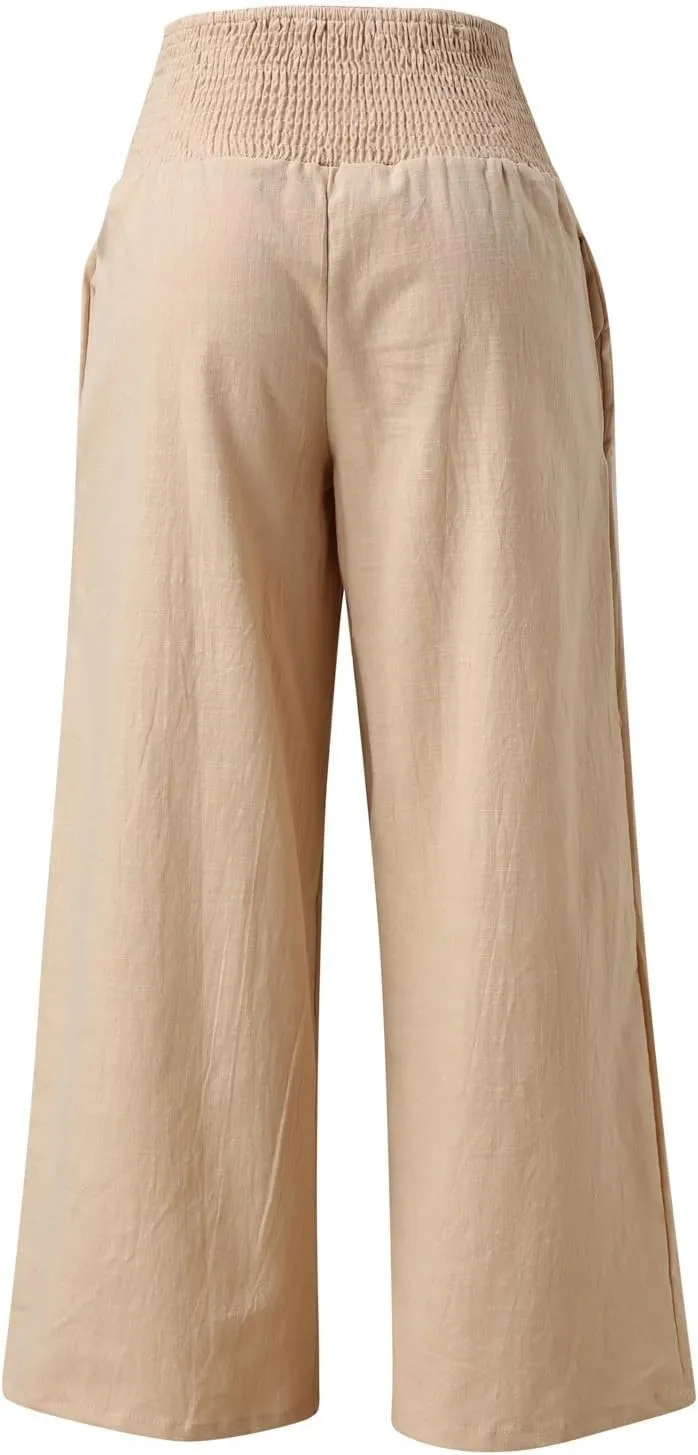 Womens Cotton Linen Palazzo Pants Casual Summer Wide Leg High Waist Lounge Slacks Beach Flowy Trousers with Pockets