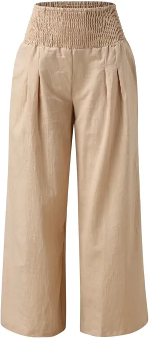 Womens Cotton Linen Palazzo Pants Casual Summer Wide Leg High Waist Lounge Slacks Beach Flowy Trousers with Pockets
