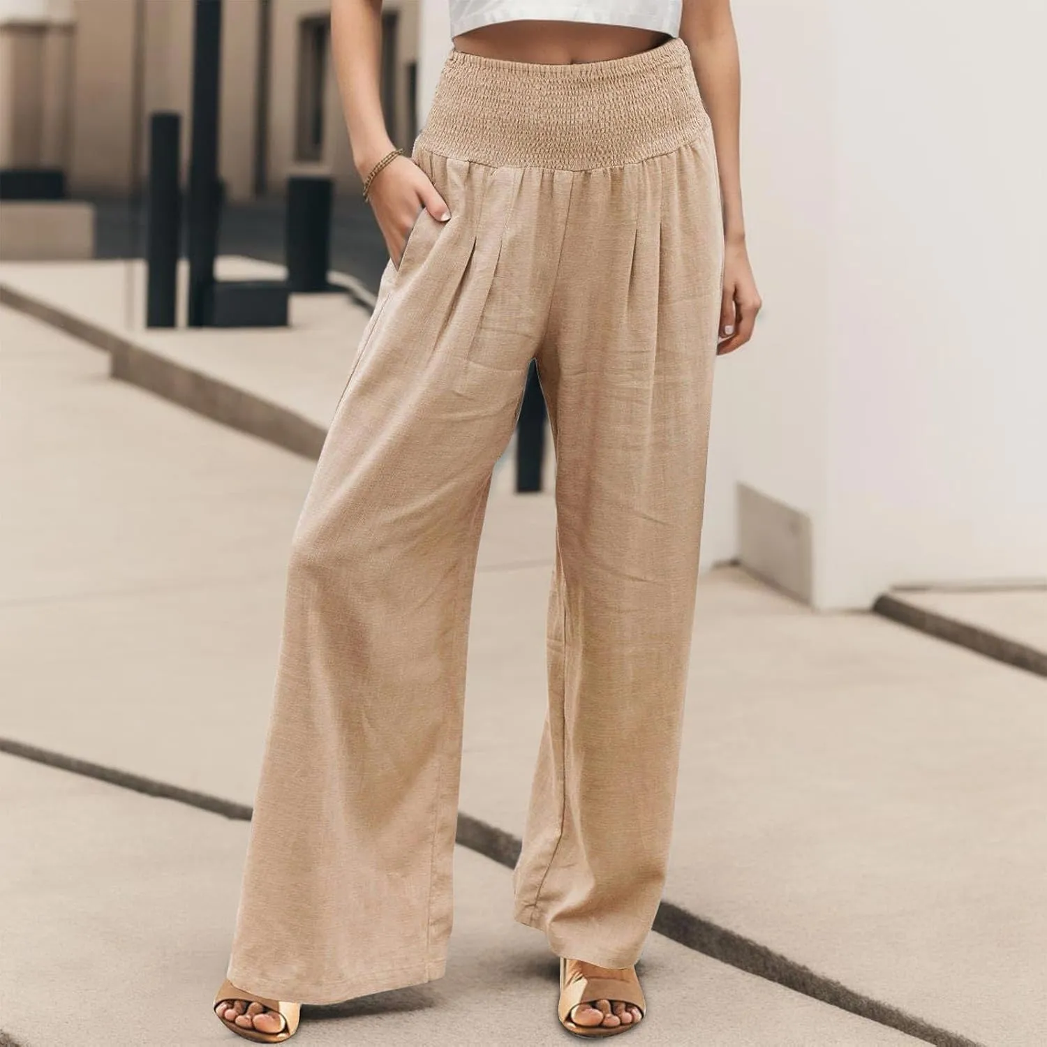 Womens Cotton Linen Palazzo Pants Casual Summer Wide Leg High Waist Lounge Slacks Beach Flowy Trousers with Pockets