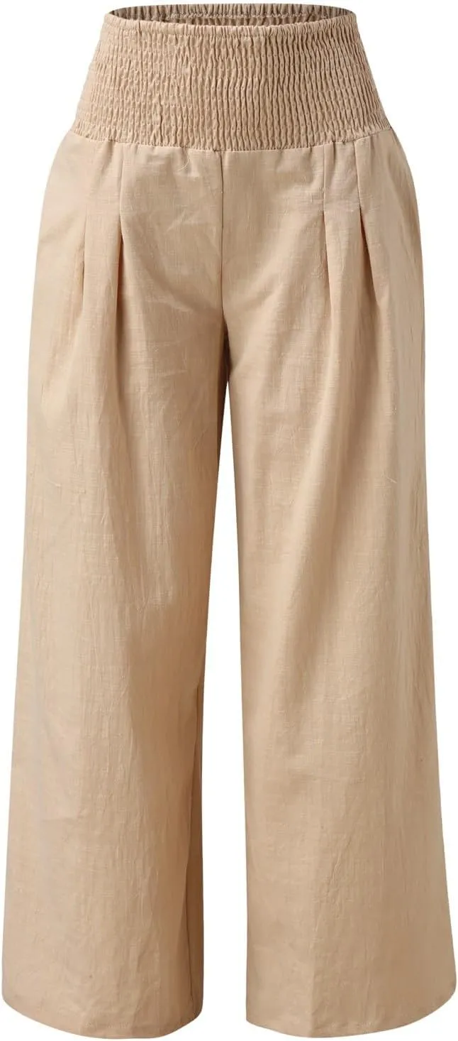 Womens Cotton Linen Palazzo Pants Casual Summer Wide Leg High Waist Lounge Slacks Beach Flowy Trousers with Pockets