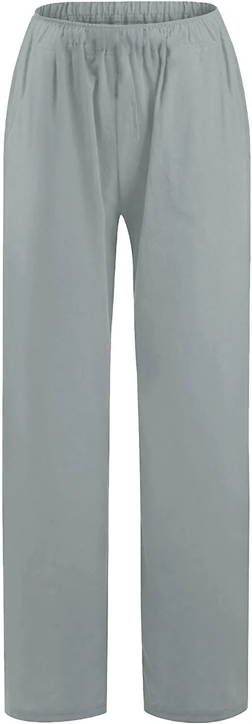 Women's Cotton Linen Pants Wide Leg High Waisted Lounge Trousers Drawstring Casual Loose Palazzo Pants with Pockets