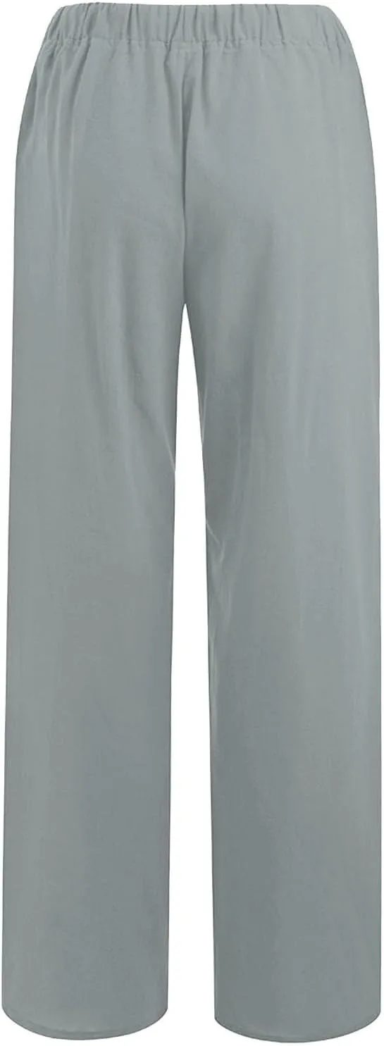 Women's Cotton Linen Pants Wide Leg High Waisted Lounge Trousers Drawstring Casual Loose Palazzo Pants with Pockets