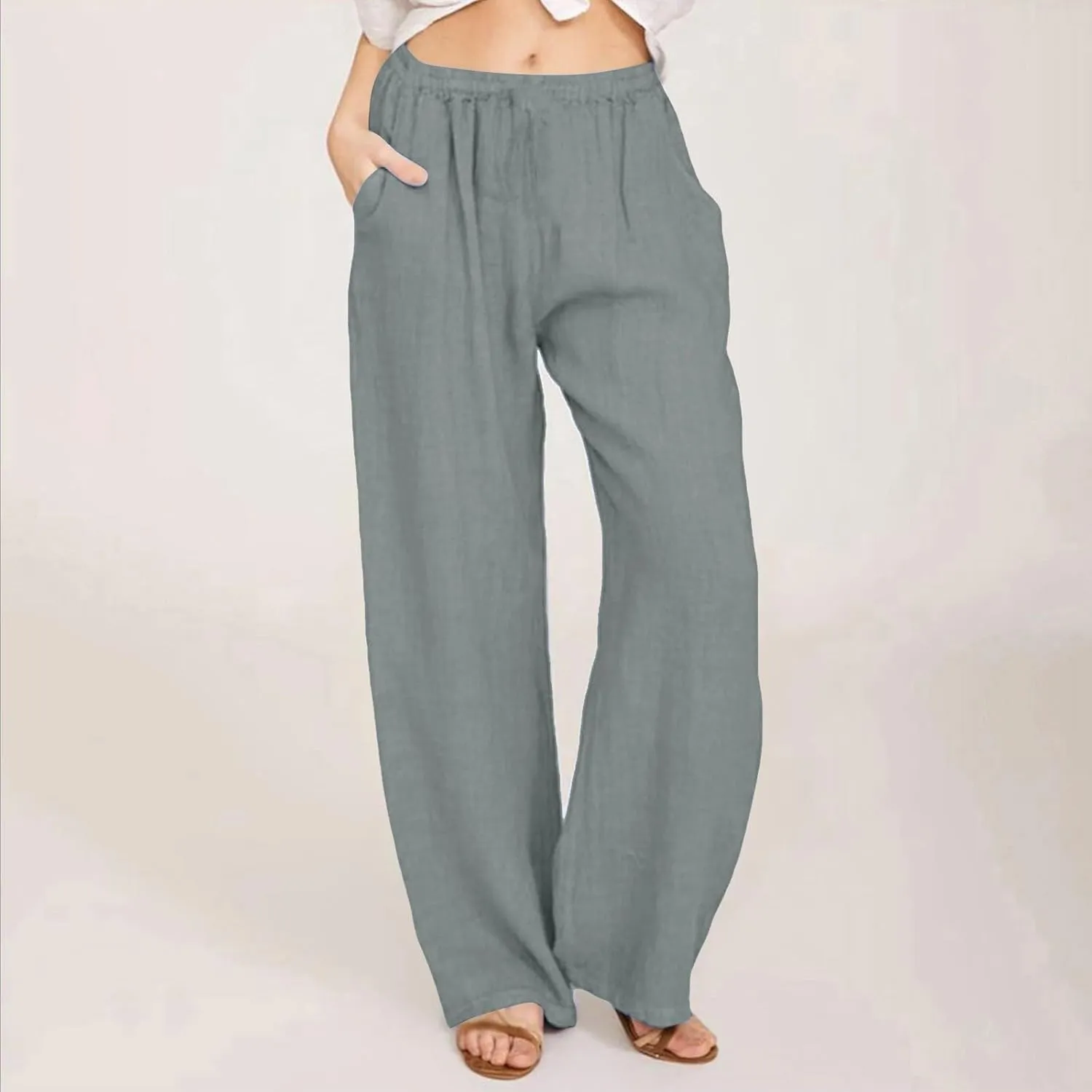 Women's Cotton Linen Pants Wide Leg High Waisted Lounge Trousers Drawstring Casual Loose Palazzo Pants with Pockets