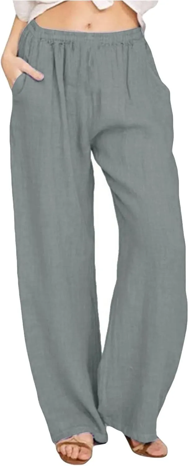 Women's Cotton Linen Pants Wide Leg High Waisted Lounge Trousers Drawstring Casual Loose Palazzo Pants with Pockets