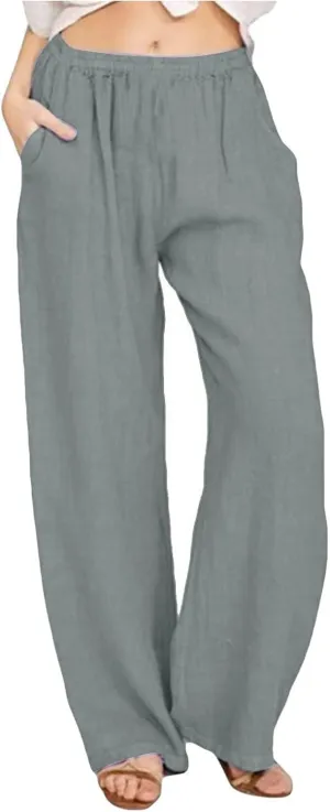 Women's Cotton Linen Pants Wide Leg High Waisted Lounge Trousers Drawstring Casual Loose Palazzo Pants with Pockets