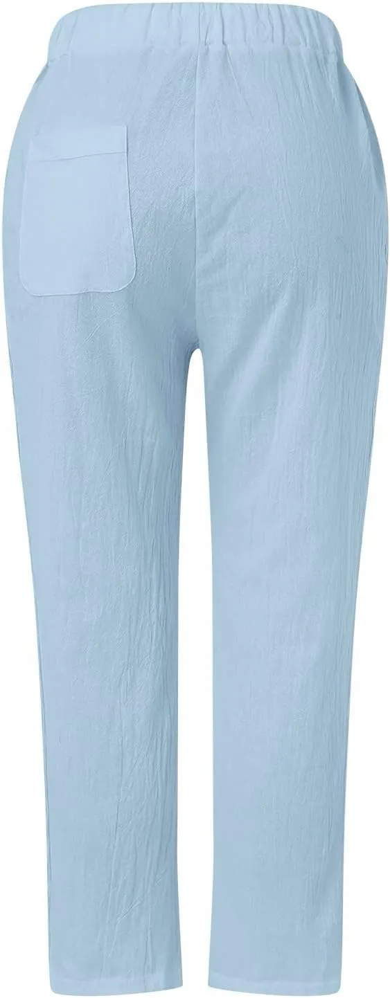Womens Cotton Linen Summer Pull On Palazzo Pants Elastic Waist Ankle Length Slim-Fit Pant Trousers Vacation