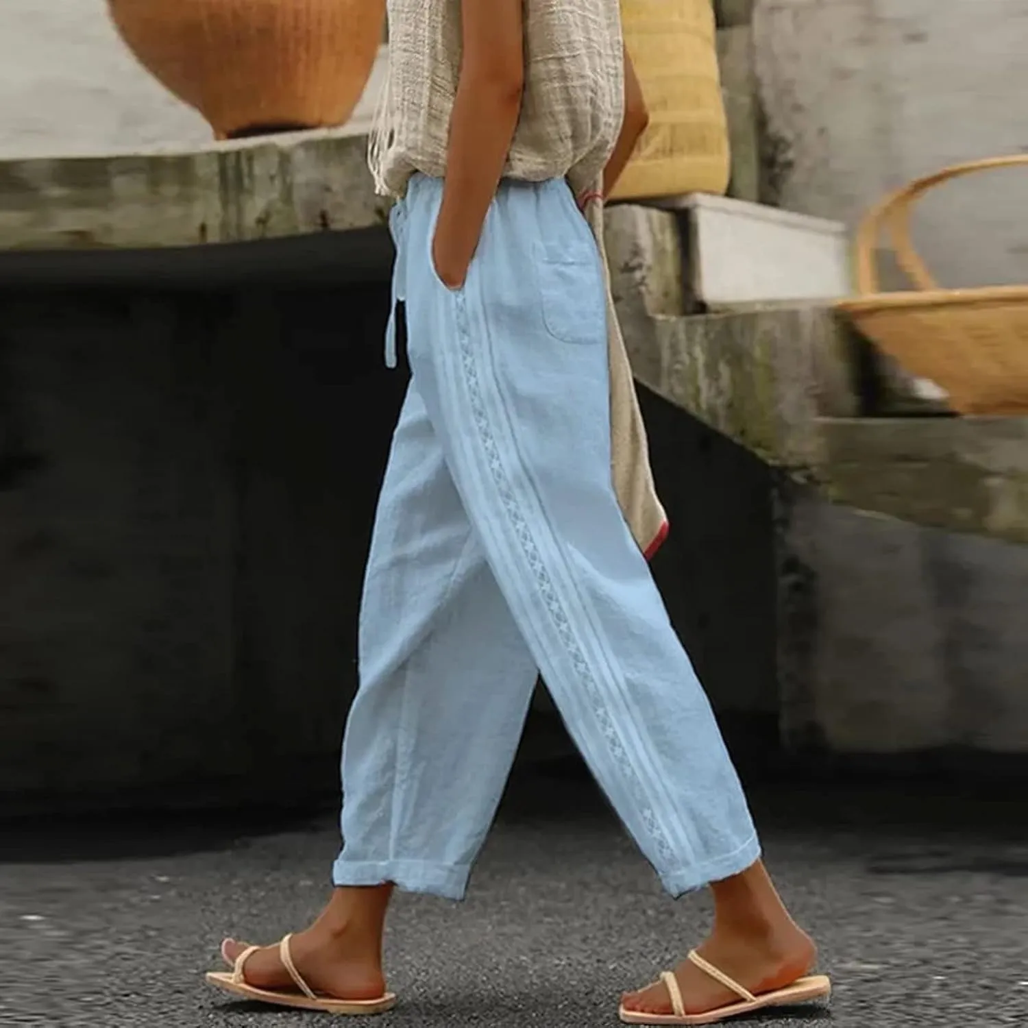 Womens Cotton Linen Summer Pull On Palazzo Pants Elastic Waist Ankle Length Slim-Fit Pant Trousers Vacation