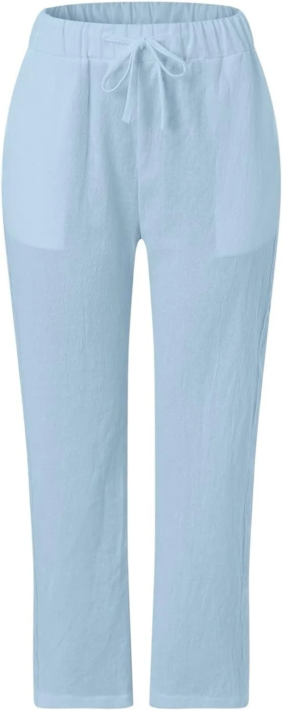 Womens Cotton Linen Summer Pull On Palazzo Pants Elastic Waist Ankle Length Slim-Fit Pant Trousers Vacation