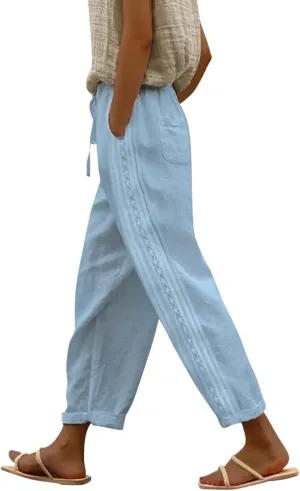 Womens Cotton Linen Summer Pull On Palazzo Pants Elastic Waist Ankle Length Slim-Fit Pant Trousers Vacation