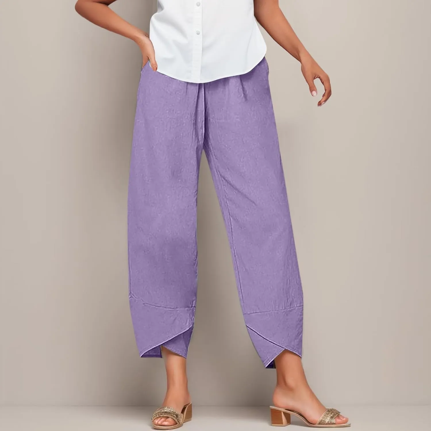 Women's Cotton Linen Trousers Summer Causal Straight Leg Solid Color Loose Fit Pants Lounge Palazzo Pants with Pockets