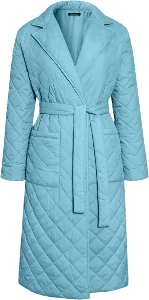 Women's Cotton-Padded Coat Lapel Loose Quilting Sashes Long Sleeve Pockets Parka Jackets Cambridge blue L