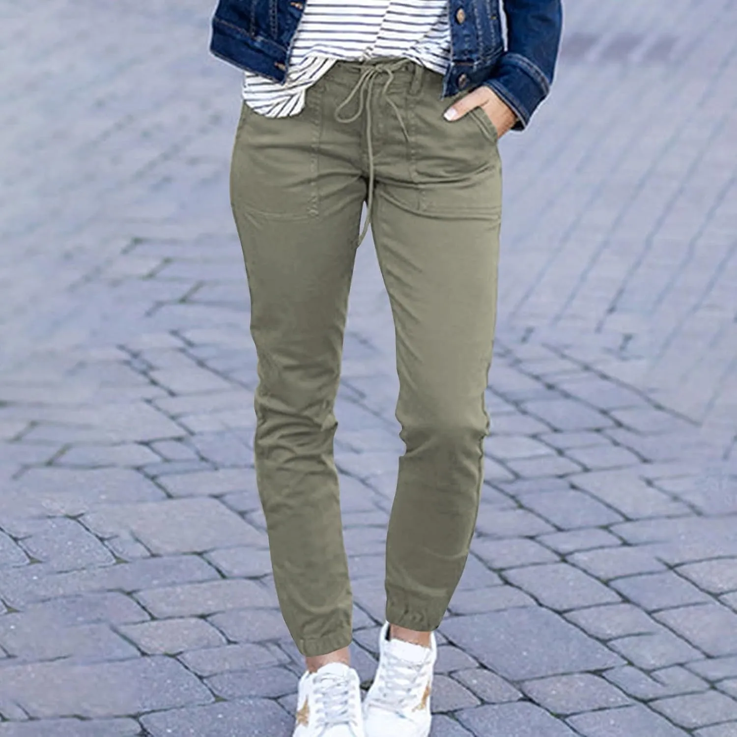 Womens Cropped Pants Plus Size Fashion 2025 Casual Lightweight Drawstring Elastic Trousers Skinny Pants with Pockets