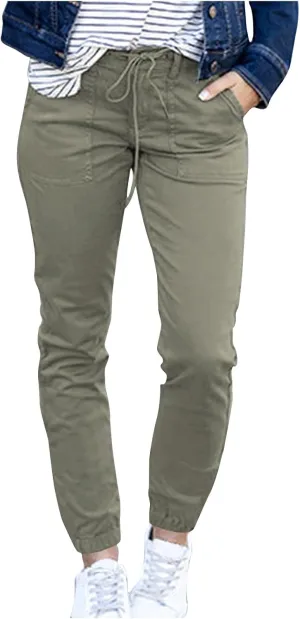 Womens Cropped Pants Plus Size Fashion 2025 Casual Lightweight Drawstring Elastic Trousers Skinny Pants with Pockets