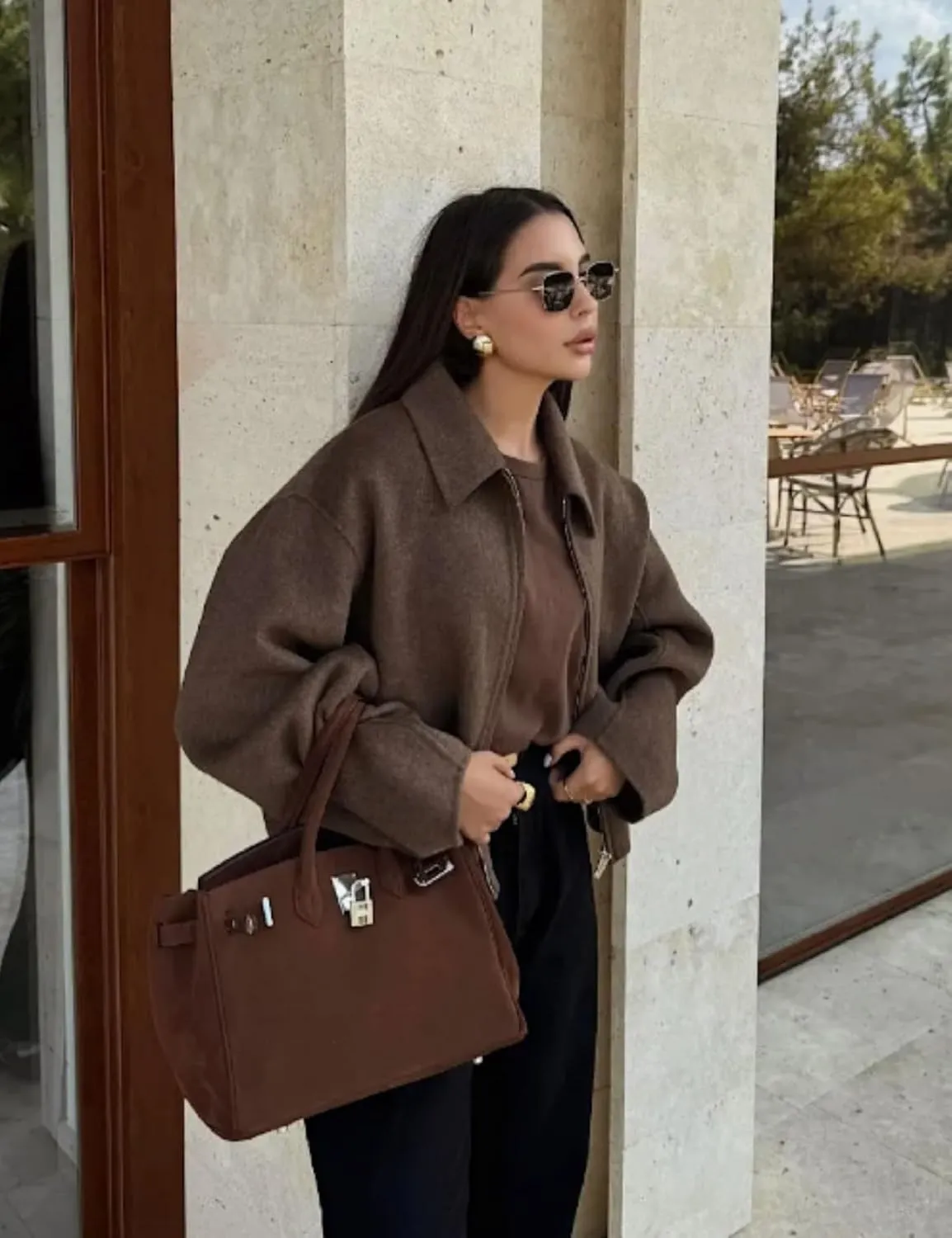 Womens Cropped Wool Jacket Warm Winter Fleece Bomber Jacket Zip Up Short Pea Coats with Pockets