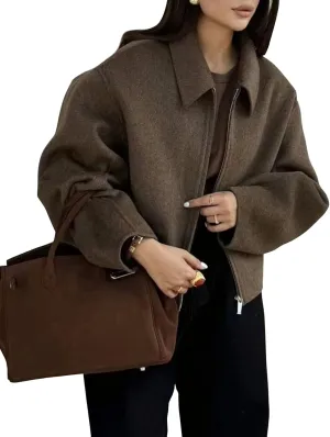 Womens Cropped Wool Jacket Warm Winter Fleece Bomber Jacket Zip Up Short Pea Coats with Pockets