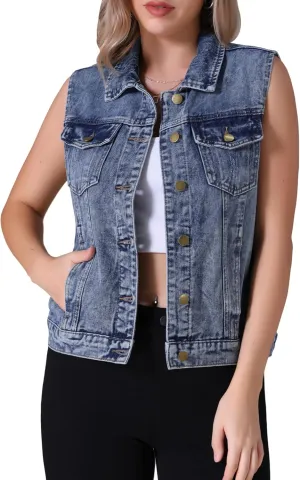 Women's Denim Vest Button Down Jacket W Chest Flap Pockets Washed Distressed Sleeveless Jean Jacket