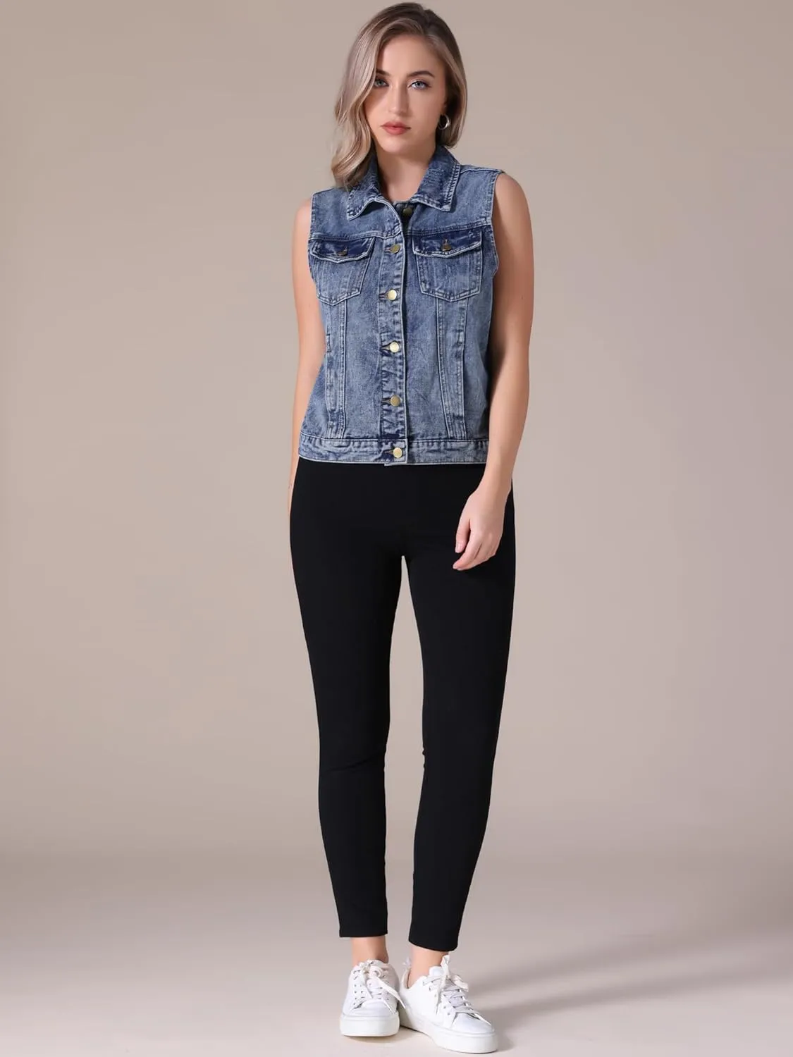Women's Denim Vest Button Down Jacket W Chest Flap Pockets Washed Distressed Sleeveless Jean Jacket