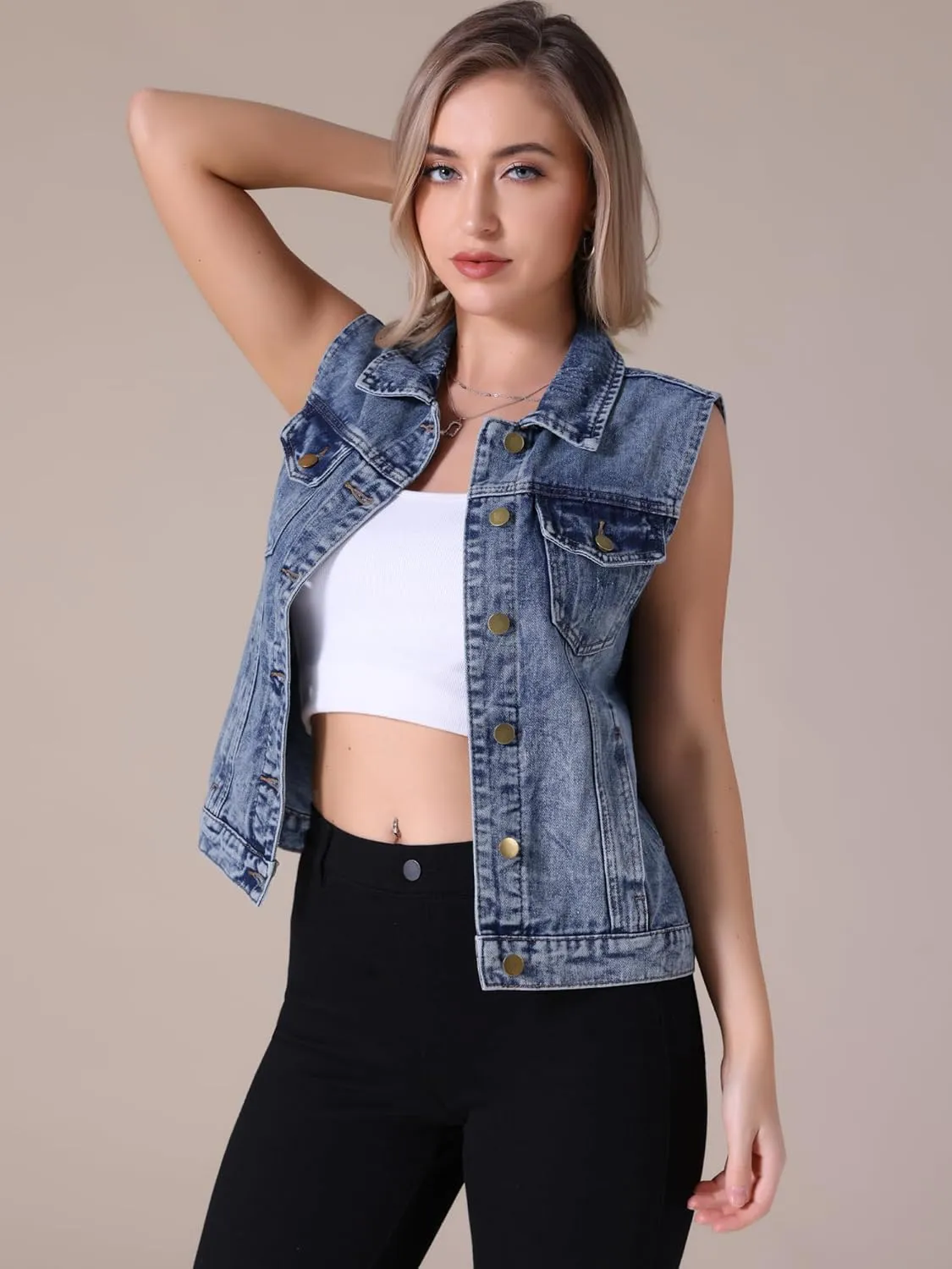 Women's Denim Vest Button Down Jacket W Chest Flap Pockets Washed Distressed Sleeveless Jean Jacket