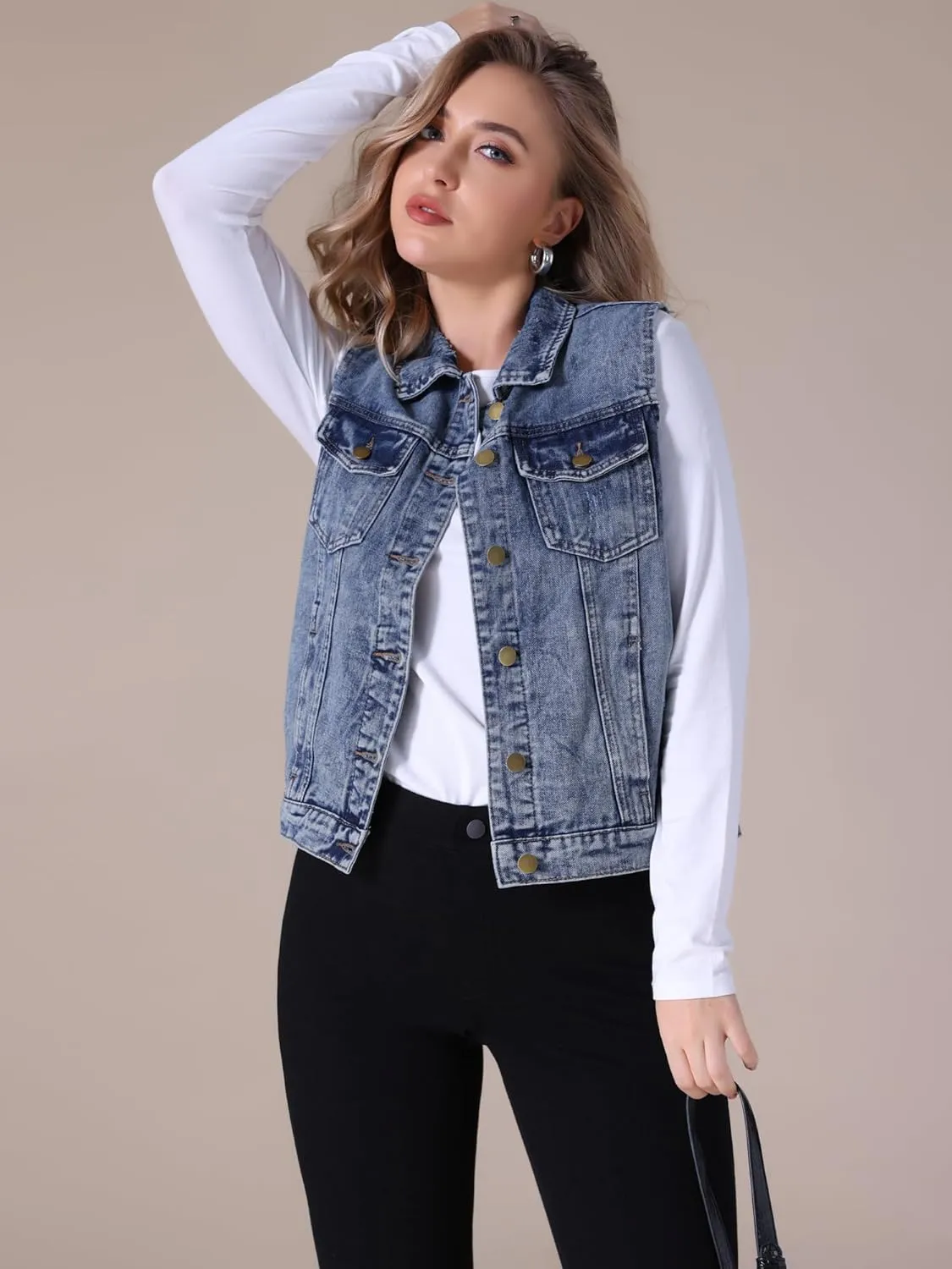 Women's Denim Vest Button Down Jacket W Chest Flap Pockets Washed Distressed Sleeveless Jean Jacket