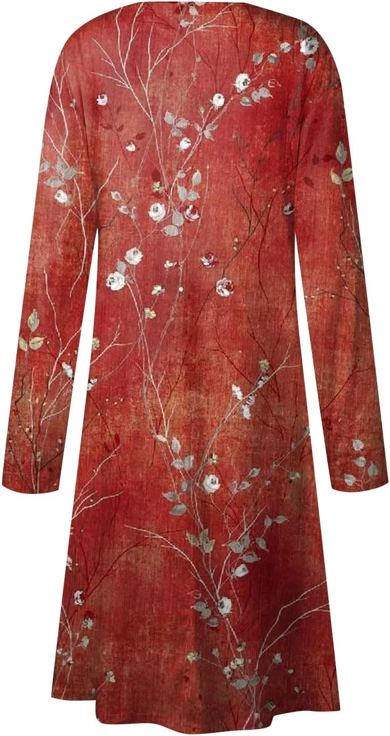 Womens Dresses Fall 2024 Fashion Floral Printed Long Dress Long Sleeve Round Neck Sundress