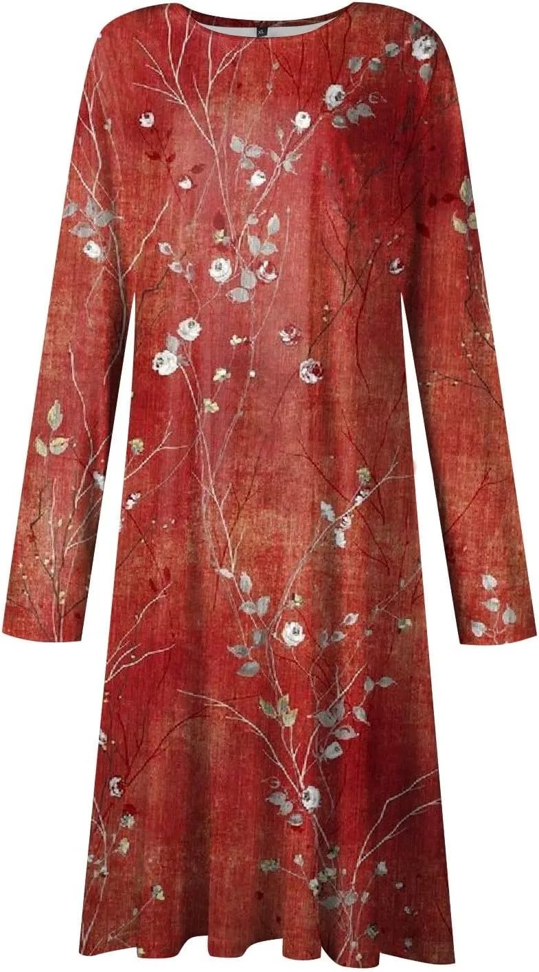 Womens Dresses Fall 2024 Fashion Floral Printed Long Dress Long Sleeve Round Neck Sundress