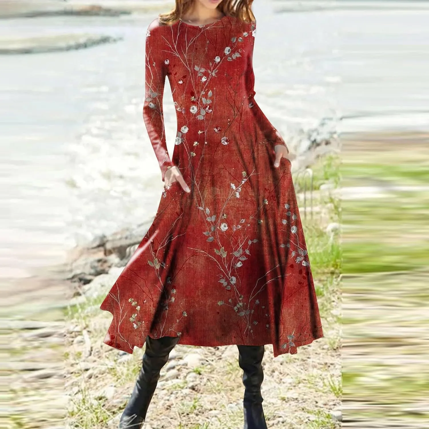 Womens Dresses Fall 2024 Fashion Floral Printed Long Dress Long Sleeve Round Neck Sundress