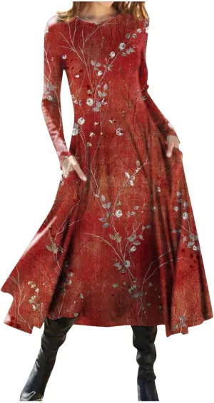 Womens Dresses Fall 2024 Fashion Floral Printed Long Dress Long Sleeve Round Neck Sundress