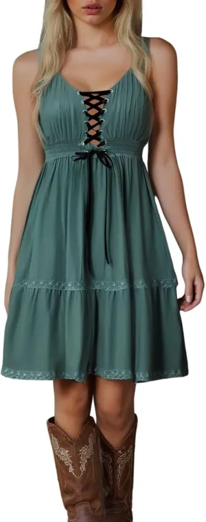 Womens Dresses V Neck Mini Floral Spaghetti Strap Boho Sundress Summer 2025 Tie Knot Front Flowy Pleated Swing Dress
