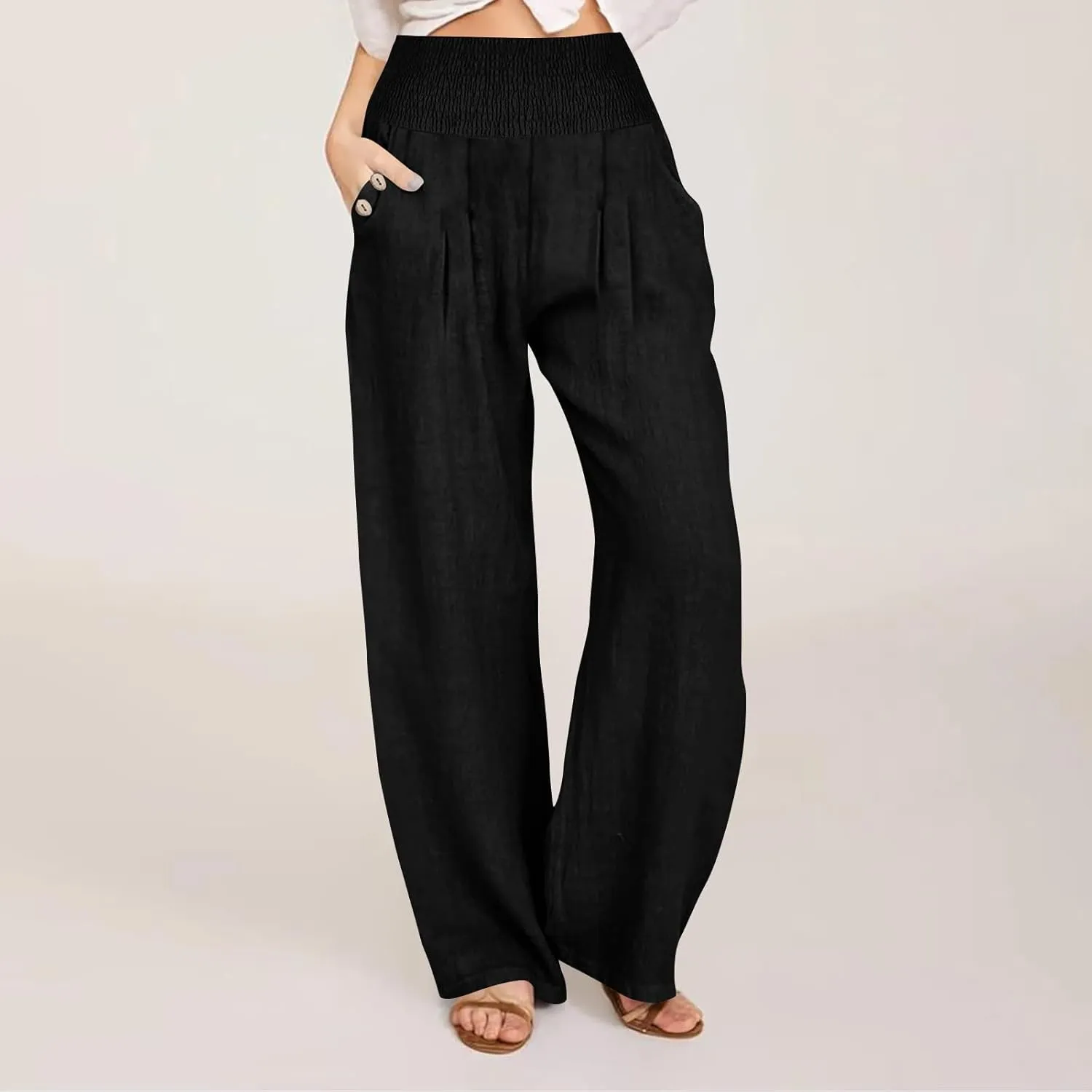 Womens Elastic High Waisted Palazzo Pants Casual Straight Wide Leg Long Beach Lounge Pant Trousers with Pocket