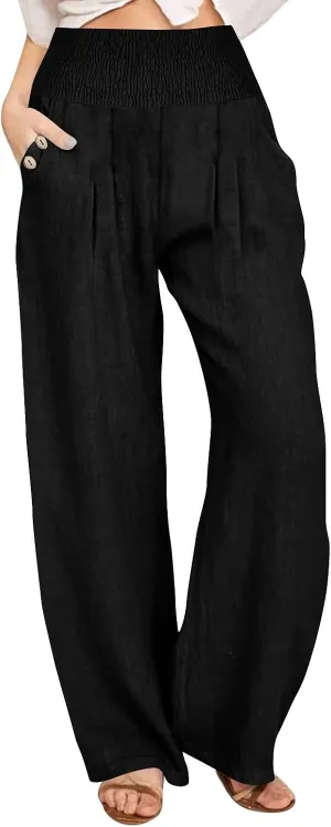 Womens Elastic High Waisted Palazzo Pants Casual Straight Wide Leg Long Beach Lounge Pant Trousers with Pocket