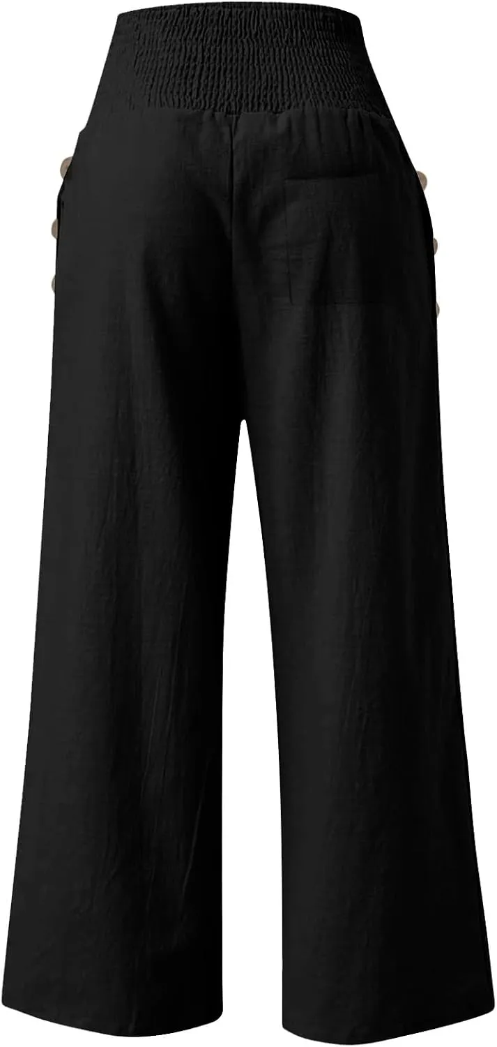 Womens Elastic High Waisted Palazzo Pants Casual Straight Wide Leg Long Beach Lounge Pant Trousers with Pocket