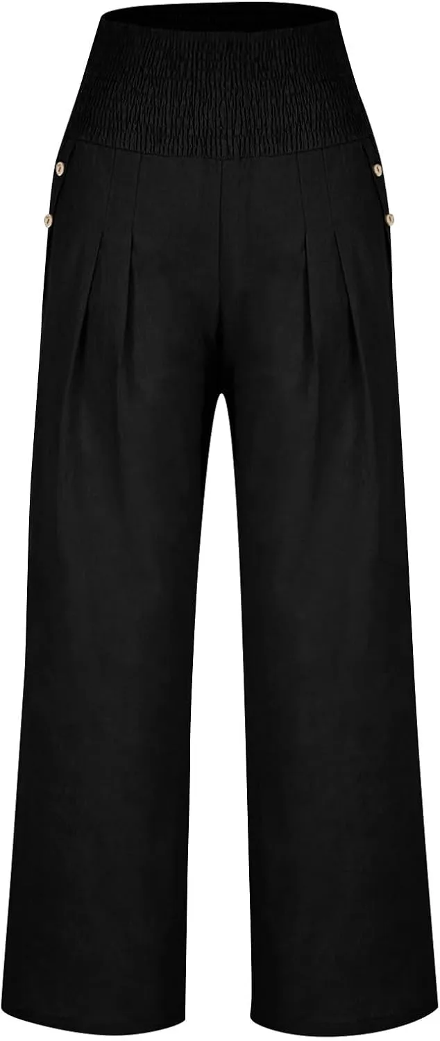 Womens Elastic High Waisted Palazzo Pants Casual Straight Wide Leg Long Beach Lounge Pant Trousers with Pocket