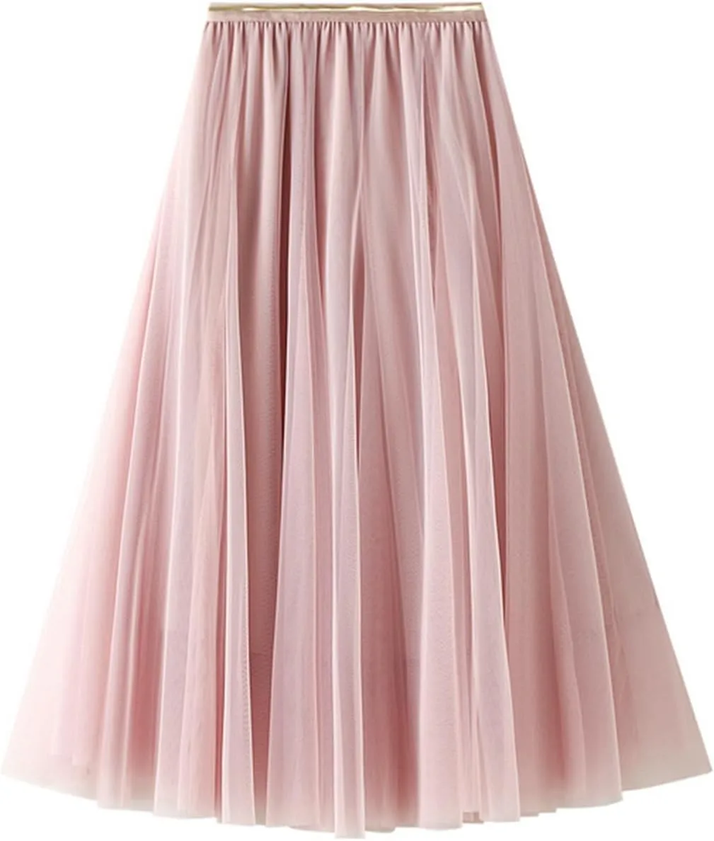 Women's Elastic Waist Ruffle Pleated Midi Skirt Solid Tutu Tulle Skirts