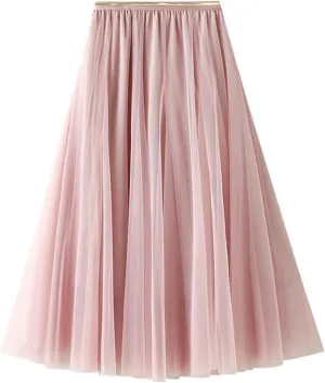 Women's Elastic Waist Ruffle Pleated Midi Skirt Solid Tutu Tulle Skirts