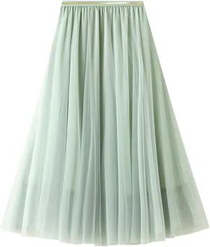 Women's Elastic Waist Ruffle Pleated Midi Skirt Solid Tutu Tulle Skirts