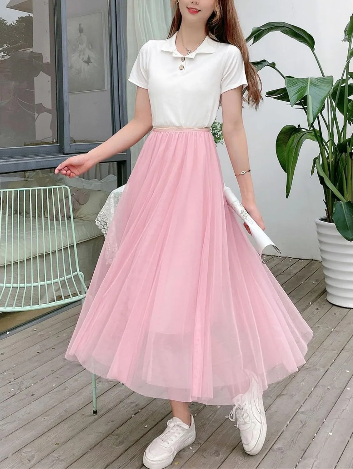 Women's Elastic Waist Ruffle Pleated Midi Skirt Solid Tutu Tulle Skirts