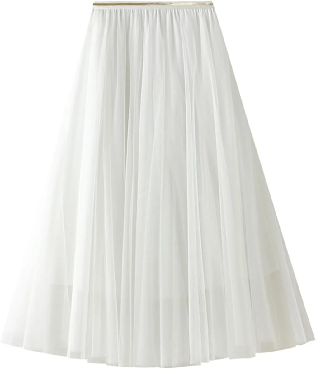 Women's Elastic Waist Ruffle Pleated Midi Skirt Solid Tutu Tulle Skirts