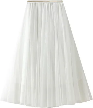 Women's Elastic Waist Ruffle Pleated Midi Skirt Solid Tutu Tulle Skirts