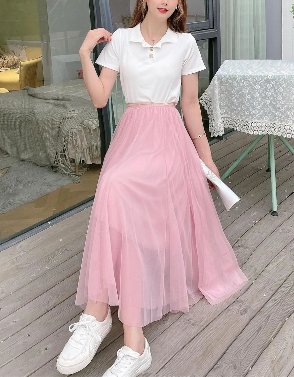 Women's Elastic Waist Ruffle Pleated Midi Skirt Solid Tutu Tulle Skirts