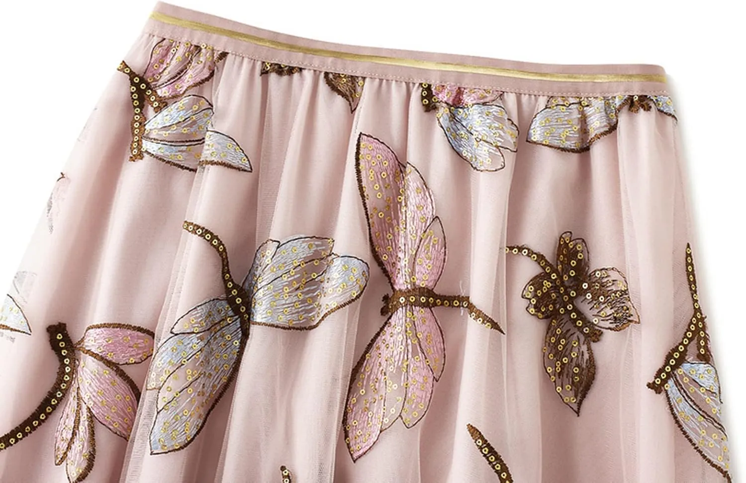 Women's Embroidery Tutu Tulle Skirt, Elastic Waist Layered Skirt Floral Print Mesh Pleated Skirt