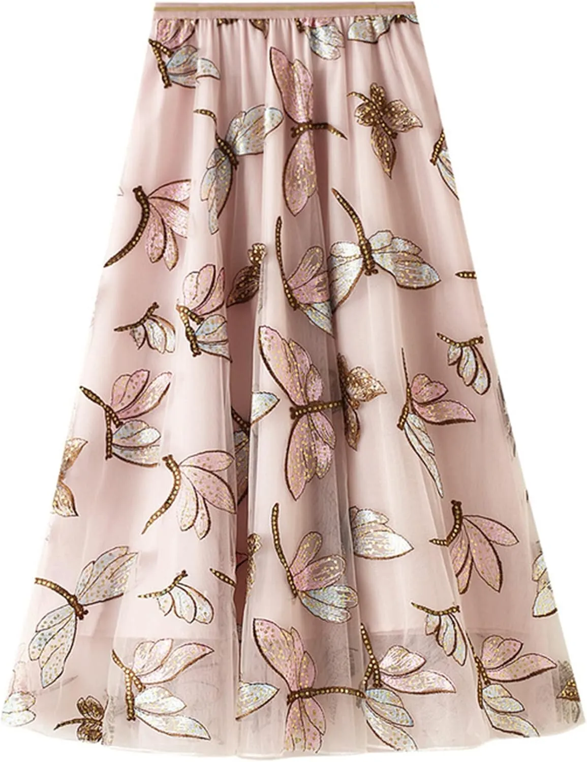 Women's Embroidery Tutu Tulle Skirt, Elastic Waist Layered Skirt Floral Print Mesh Pleated Skirt