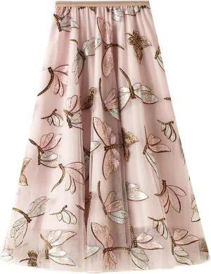 Women's Embroidery Tutu Tulle Skirt, Elastic Waist Layered Skirt Floral Print Mesh Pleated Skirt