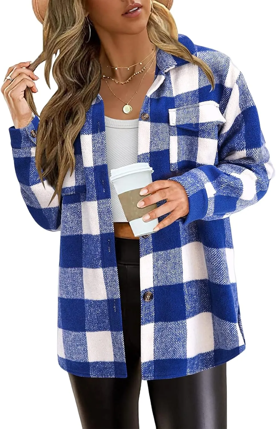 Womens Flannel Plaid Shirt Shacket Jacket Fleece Lapel Long Sleeve Button Down Jacket Coats Cardigans with Pockets
