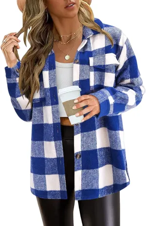Womens Flannel Plaid Shirt Shacket Jacket Fleece Lapel Long Sleeve Button Down Jacket Coats Cardigans with Pockets