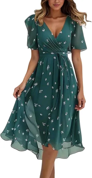 Womens Floral Chiffon Dresses Printed V Neck Belted Elegant Boho Summer Dress Wedding Prom Cocktail Midi Dresses