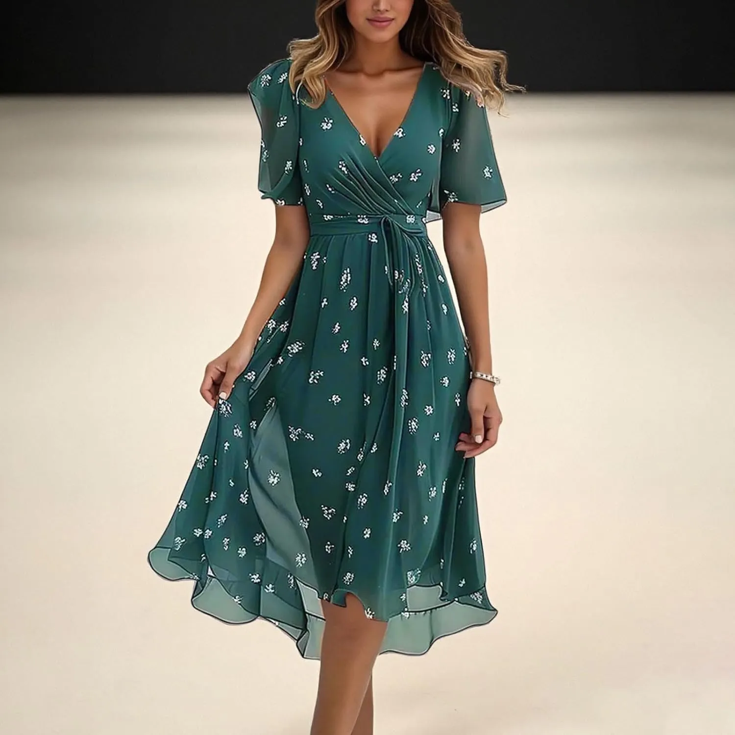 Womens Floral Chiffon Dresses Printed V Neck Belted Elegant Boho Summer Dress Wedding Prom Cocktail Midi Dresses