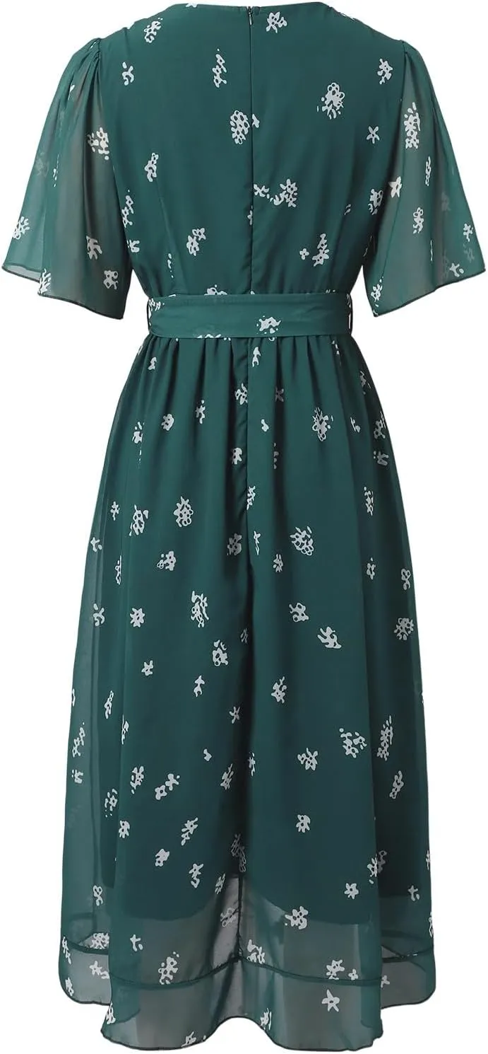 Womens Floral Chiffon Dresses Printed V Neck Belted Elegant Boho Summer Dress Wedding Prom Cocktail Midi Dresses