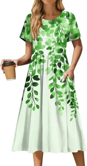 Women's Floral Print Casual Midi Short Sleeve Summer Sundress with Pockets for Beach Party and Daily Wear