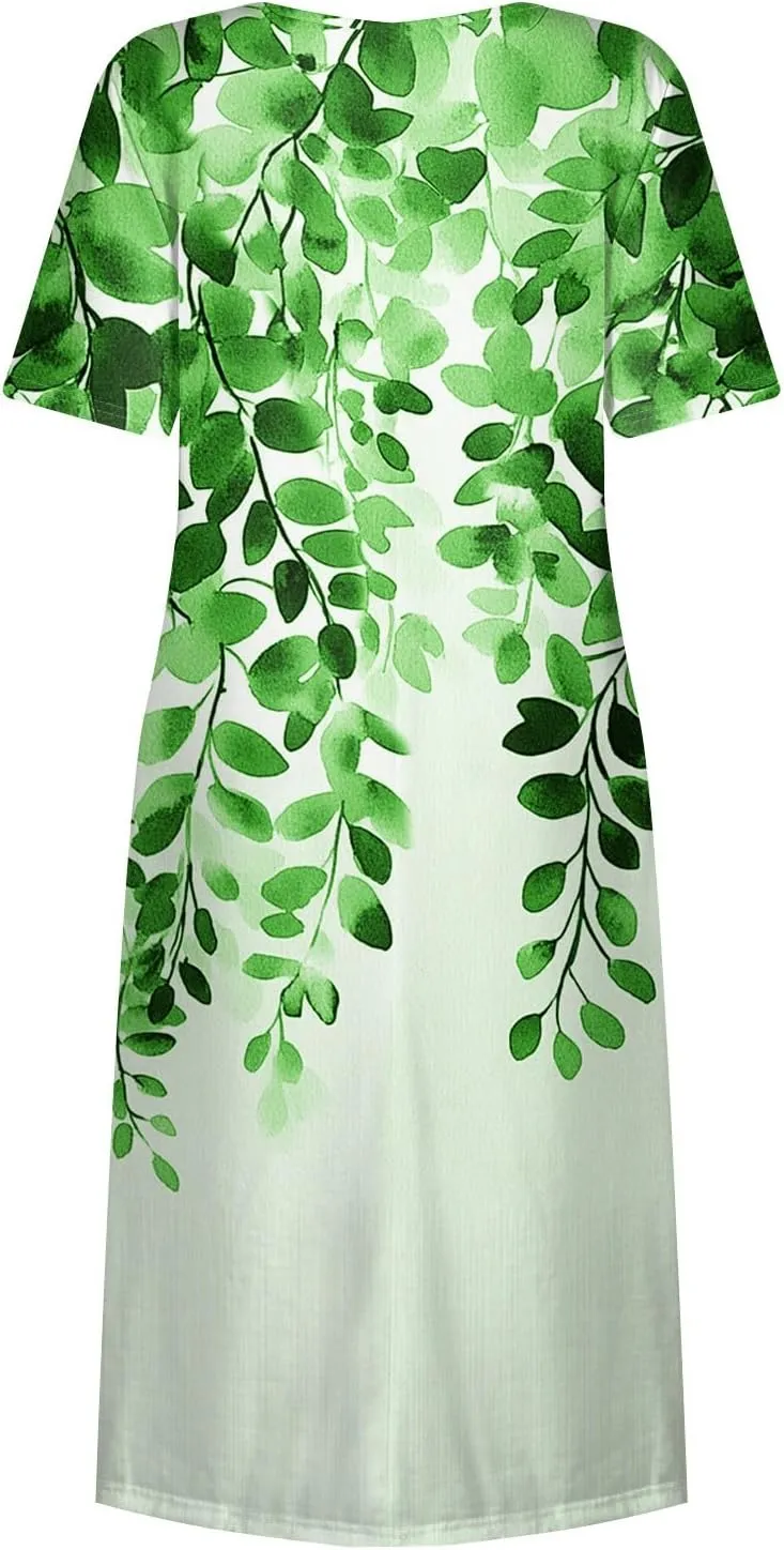 Women's Floral Print Casual Midi Short Sleeve Summer Sundress with Pockets for Beach Party and Daily Wear